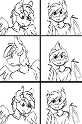 Size: 627x951 | Tagged: safe, artist:replica, derpibooru import, oc, oc:nolegs, oc:summer scorch, unofficial characters only, anthro, bat pony, pegasus, bat pony oc, bat wings, clothes, comic, cute, cute little fangs, digital art, duo, fangs, female, image, looking at each other, looking back, male, monochrome, png, scorchlegs, sketch, spread wings, straight, wings