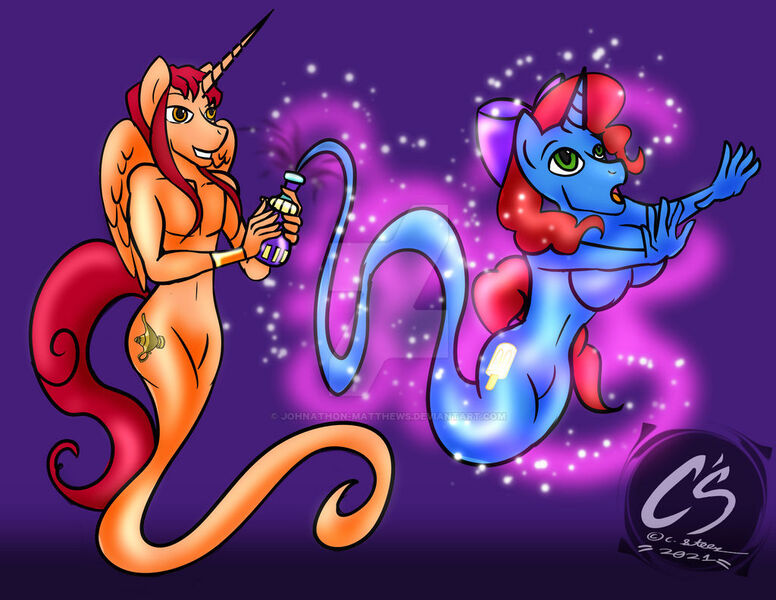 Size: 1024x792 | Tagged: suggestive, artist:adhiguna, artist:johnathon-matthews, derpibooru import, oc, oc:creamsicle delight, oc:khunis jirall, alicorn, genie, unicorn, bottle, commission, deviantart watermark, djinnification, image, jpeg, obtrusive watermark, suction, watermark