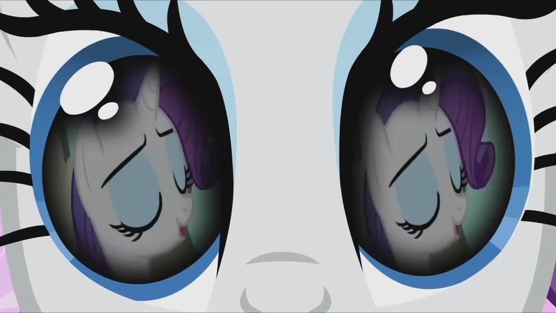 Size: 1280x720 | Tagged: safe, derpibooru import, screencap, rarity, a dog and pony show, magical mystery cure, season 1, season 3, eye reflection, eyes closed, image, jpeg, reflection