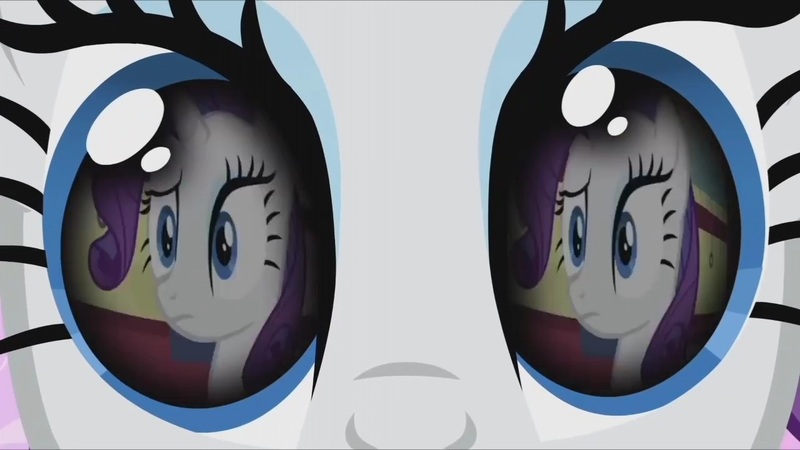 Size: 1280x720 | Tagged: safe, derpibooru import, screencap, rarity, magical mystery cure, over a barrel, season 1, season 3, confused, eye reflection, image, jpeg, reflection