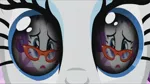 Size: 1280x720 | Tagged: safe, derpibooru import, screencap, rarity, magical mystery cure, season 1, season 3, suited for success, eye reflection, glasses rarity, image, jpeg, open mouth, reflection
