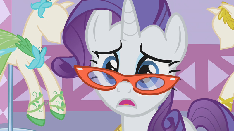 Size: 1280x720 | Tagged: safe, derpibooru import, screencap, rarity, season 1, suited for success, glasses rarity, image, mannequin, open mouth, png