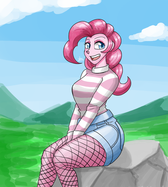 Size: 1300x1450 | Tagged: safe, artist:zachc, derpibooru import, pinkie pie, equestria girls, clothes, denim shorts, female, fishnet clothing, image, looking at you, png, shorts, sitting, socks, solo, striped sweater, sweater, thigh highs