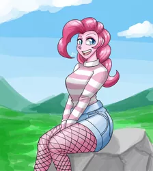 Size: 1300x1450 | Tagged: safe, artist:zachc, derpibooru import, pinkie pie, equestria girls, clothes, denim shorts, female, fishnet clothing, image, looking at you, png, shorts, sitting, socks, solo, striped sweater, sweater, thigh highs