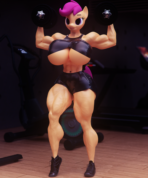 Size: 4000x4800 | Tagged: suggestive, artist:dashie116, derpibooru import, scootaloo, anthro, 3d, abs, biceps, big breasts, breasts, busty scootaloo, clothes, daz studio, dumbbell (object), flexing, gym, huge breasts, image, impossibly large breasts, latex, looking at you, muscles, png, strongaloo, underboob, vein, vein bulge