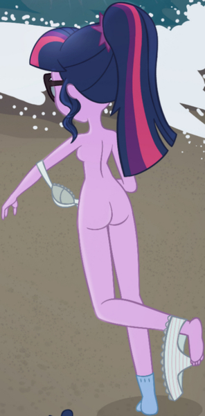Size: 1920x3889 | Tagged: questionable, artist:invisibleink, derpibooru import, edit, sci-twi, twilight sparkle, equestria girls, equestria girls series, ass, barefoot, beach, bra, breasts, busty sci-twi, busty twilight sparkle, butt, clothes, cropped, faceless female, feet, female, glasses, image, jpeg, nudity, offscreen character, ponytail, practitioner of naturism, rear view, rearboob, sci-twibutt, socks, solo, solo female, twibutt, underwear, undressing