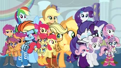 Size: 1920x1080 | Tagged: safe, derpibooru import, apple bloom, applejack, rainbow dash, rarity, scootaloo, sweetie belle, earth pony, human, pegasus, pony, unicorn, equestria girls, my little pony: pony life, the best of the worst, spoiler:pony life s01e02, applejack's hat, cowboy hat, cutie mark crusaders, hat, image, looking at you, png, rainbow dash's house