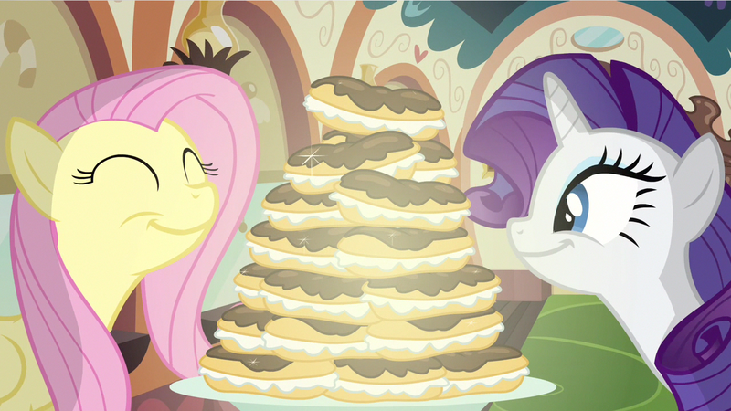 Size: 1280x720 | Tagged: safe, derpibooru import, screencap, fluttershy, rarity, mmmystery on the friendship express, season 2, eyes closed, food, image, png, smiling