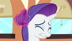 Size: 1280x720 | Tagged: safe, derpibooru import, screencap, rarity, pony, unicorn, mmmystery on the friendship express, season 2, eyes closed, female, friendship express, hair pulling, image, magic, mare, png, train