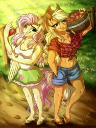 Size: 3000x4000 | Tagged: safe, artist:lupiarts, derpibooru import, applejack, fluttershy, anthro, earth pony, pegasus, unguligrade anthro, apple, applejack's hat, basket, belly button, breasts, bucket, clothes, commission, cowboy hat, cutie mark, cutie mark on clothes, daisy dukes, dirt path, duo, duo female, equestria girls outfit, female, food, fruit, grass, hat, high res, image, jpeg, shorts, skirt, smiling, stetson, straw in mouth, tanktop