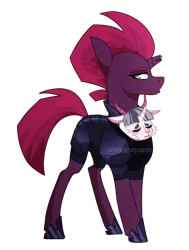 Size: 1280x1694 | Tagged: safe, artist:primrosepaper, derpibooru import, oc, oc:stormie, oc:stormie berrytwist, unicorn, broken horn, carrying, horn, hybrid offspring, image, mohawk, parent:storm king, parent:tempest shadow, parents:stormpest, png, simple background, sleeping, solo, storm king armor, transparent background