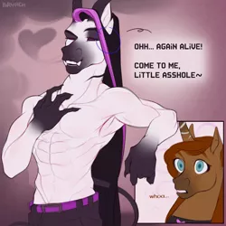 Size: 2000x2000 | Tagged: suggestive, artist:bryach, derpibooru import, oc, oc:gray rain, oc:night mirage, unofficial characters only, anthro, demon, earth pony, pony, unicorn, abs, anthro oc, claws, dark eyes, earth pony oc, eyeshadow, fangs, high res, horn, horns, image, intersex, magic, makeup, male, mind control, multicolored hair, muscles, muscular male, partial nudity, png, possessed, possession, speech bubble, stallion, text, transformation, unicorn oc