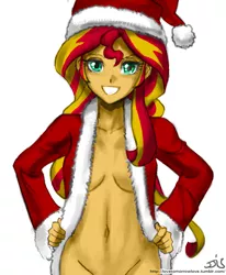Size: 800x970 | Tagged: suggestive, artist:johnjoseco, color edit, colorist:lanceomikron, derpibooru import, edit, edited edit, sunset shimmer, equestria girls, belly button, christmas, clothes, colored, costume, female, hat, holiday, image, looking at you, nudity, open clothes, open shirt, png, santa costume, santa hat, sketch, solo, solo female, strategically cropped, sunset santa, undressing