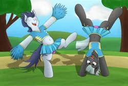 Size: 6000x4032 | Tagged: suggestive, artist:tacomytaco, derpibooru import, soarin', thunderlane, pegasus, pony, belly button, bipedal, both cutie marks, cheerleader, cheerleader outfit, clothes, crossdressing, eyes closed, handstand, image, male, males only, midriff, panties, pink underwear, png, pom pom, shirt, skirt, smiling, standing, standing on one leg, underwear, upside down