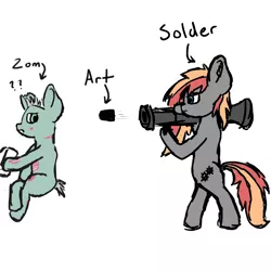 Size: 1500x1500 | Tagged: safe, artist:mlplayer dudez, derpibooru import, oc, oc:living dead, oc:solder point, unofficial characters only, earth pony, pony, undead, zombie, confused, drawing, drawing tablet, duo, ear fluff, image, png, rocket launcher, silly, sitting, sketch, standing, standing on two hooves