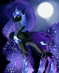 Size: 768x960 | Tagged: safe, alternate version, artist:_goddesskatie_, derpibooru import, nightmare moon, alicorn, pony, bedroom eyes, bust, eyelashes, female, full moon, helmet, hoof shoes, horn, image, jpeg, mare, moon, outdoors, solo, wings