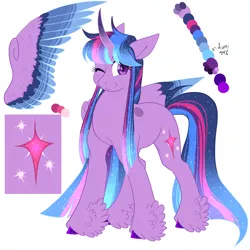 Size: 3000x3000 | Tagged: safe, artist:gingygin, derpibooru import, twilight sparkle, twilight sparkle (alicorn), alicorn, pony, alternate design, colored wings, feathered fetlocks, high res, image, multicolored wings, one eye closed, png, solo, wings, wink