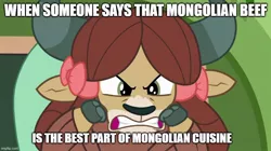 Size: 888x499 | Tagged: safe, derpibooru import, edit, edited screencap, screencap, yona, yak, a matter of principals, bow, caption, cloven hooves, cute, hair bow, image, jpeg, meme, mongolia, monkey swings, text, yonadorable