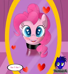 Size: 3840x4154 | Tagged: safe, artist:damlanil, derpibooru import, pinkie pie, earth pony, pony, blushing, carousel boutique, catsuit, clothes, comic, cute, diapinkes, female, happy, heart, heart eyes, image, latex, latex suit, looking at you, mare, mirror, open mouth, png, rubber, shine, shiny, simple background, smiling, spy, suit, text, vector, wingding eyes