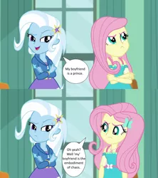 Size: 1280x1440 | Tagged: safe, derpibooru import, edit, edited screencap, screencap, fluttershy, trixie, a little birdie told me, equestria girls, equestria girls series, crossed arms, image, implied bluetrix, implied discoshy, implied shipping, implied straight, png, speech bubble, window