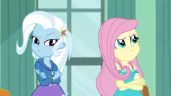 Size: 1280x720 | Tagged: safe, derpibooru import, edit, edited screencap, screencap, fluttershy, trixie, a little birdie told me, equestria girls, equestria girls series, angry, crossed arms, image, png, window