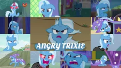 Size: 1280x720 | Tagged: safe, derpibooru import, edit, edited screencap, editor:quoterific, screencap, trixie, pony, unicorn, magic duel, no second prances, road to friendship, student counsel, to where and back again, uncommon bond, amulet, angry, cape, clothes, collage, crying, evil, female, floppy ears, glowing horn, hat, horn, image, jewelry, magic, magic aura, messy mane, open mouth, png, school of friendship, solo, tears of anger, teeth, trixie's cape, trixie's hat, yelling