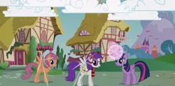 Size: 1084x535 | Tagged: safe, derpibooru import, scootaloo, twilight sparkle, twilight sparkle (alicorn), oc, oc:absentia, oc:milly, alicorn, pegasus, pony, adventures in ponyville, clothes, cloud, cloudy, cutscene, flower, flower in hair, game, glasses, image, magic, orange pony, pegasus device, png, ponyville, purple mane, rainbow dash's cloud bump, saddle, scarf, shade, sparkles, tack, what if, wings