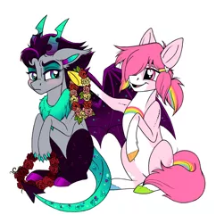 Size: 6103x6312 | Tagged: safe, artist:celestial-rainstorm, derpibooru import, oc, oc:caring heart, oc:mirage, unofficial characters only, earth pony, pony, absurd resolution, augmented tail, female, floral head wreath, flower, horns, image, jpeg, mare, simple background, white background