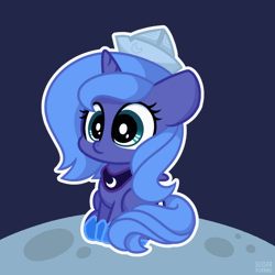 Size: 1000x1000 | Tagged: safe, artist:sugar morning, derpibooru import, princess luna, alicorn, pony, animated, blinking, cute, diabetes, female, filly, gif, hat, image, lunabetes, moon, paper hat, simple background, woona, younger
