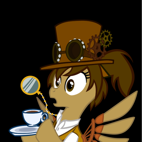 Size: 586x585 | Tagged: safe, artist:whgoops, derpibooru import, oc, oc:abby sprocket, unofficial characters only, pegasus, pony, clothes, cup, food, gears, goggles, hat, image, monocle, monocle and top hat, png, ponytail, shocked, shocked expression, tea, top hat