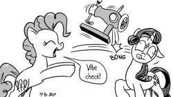 Size: 1200x675 | Tagged: safe, artist:pony-berserker, derpibooru import, pinkie pie, rarity, image, monochrome, png, pony-berserker's twitter sketches, sewing machine, stippling, vibe check