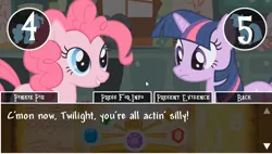 Size: 848x480 | Tagged: safe, derpibooru import, pinkie pie, twilight sparkle, earth pony, pony, unicorn, ace attorney, confrontation, demo, dialogue, element of generosity, element of honesty, element of kindness, element of laughter, element of loyalty, element of magic, elements of harmony, game, image, my little investigations, numbers, png, smiling, sugarcube corner, unicorn twilight