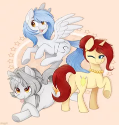 Size: 1300x1362 | Tagged: safe, artist:higgly-chan, derpibooru import, oc, oc:golden brooch, oc:sunlight, oc:vector cloud, pegasus, pony, unicorn, horn, image, pegasus oc, png, trio, unicorn oc, wings