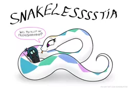 Size: 1184x816 | Tagged: safe, artist:banebuster, derpibooru import, princess celestia, queen chrysalis, mouse, snake, series:tiny tia, image, jpeg, simple background, snakelestia, species swap, speech bubble, tongue out, white background