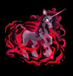 Size: 1024x1055 | Tagged: safe, artist:tuherrus, derpibooru import, oleander (tfh), classical unicorn, unicorn, them's fightin' herds, angry, black background, cloven hooves, community related, dark magic, female, four eyes, image, jpeg, leonine tail, magic, nightmare fuel, open mouth, simple background, solo, unshorn fetlocks