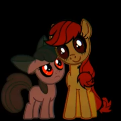 Size: 240x240 | Tagged: safe, derpibooru import, apple bloom, applejack, earth pony, pony, .exe, black background, bow, confused, creepybloom, female, filly, hair bow, image, missing accessory, png, rainbow.exe, red eyes, scar, siblings, simple background, sisters, smiling