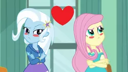 Size: 1280x720 | Tagged: safe, derpibooru import, edit, edited screencap, screencap, fluttershy, trixie, a little birdie told me, equestria girls, equestria girls series, blushing, female, image, lesbian, png, shipping, trixieshy