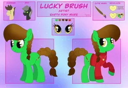 Size: 2201x1512 | Tagged: safe, artist:dyonys, derpibooru import, oc, oc:angelo, oc:lucky brush, oc:night chaser, earth pony, pony, braid, clothes, cutie mark, female, freckles, heart, image, jewelry, jpeg, locket, mare, necklace, reference sheet, sweater, text, turtleneck