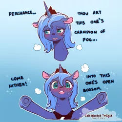 Size: 1200x1200 | Tagged: safe, artist:cold-blooded-twilight, derpibooru import, princess luna, alicorn, pony, blushing, blushing profusely, dialogue, female, floppy ears, image, looking at you, mare, meme, my little pogchamp, open arms, panting, png, pogchamp, shy, simple background, solo, sparkles, spread legs, spreading, sweat, underhoof, ye olde butcherede englishe