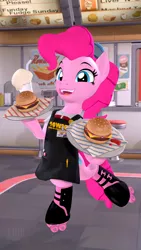 Size: 2160x3840 | Tagged: safe, artist:owlpirate, derpibooru import, pinkie pie, earth pony, pony, 3d, apron, bipedal, burger, cheeseburger, clothes, food, hamburger, high res, image, meat, milkshake, open mouth, png, ponies eating meat, roller skates, smiling, solo, source filmmaker, standing, standing on one leg, waitress