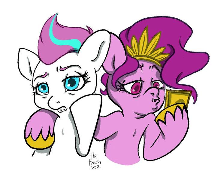 Size: 1074x888 | Tagged: safe, artist:ilcerbiastrello, derpibooru import, pipp petals, zipp storm, pegasus, pony, duo, female, g5, hoof hold, image, jpeg, mare, mobile phone, phone, selfie, siblings, signature, simple background, sisters, smartphone, unshorn fetlocks, white background