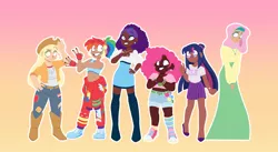 Size: 3372x1842 | Tagged: safe, artist:connorbal, derpibooru import, applejack, fluttershy, pinkie pie, rainbow dash, rarity, twilight sparkle, human, bisexual pride flag, gay pride flag, humanized, image, islam, islamashy, lesbian pride flag, mane six, png, pride, pride flag, religion