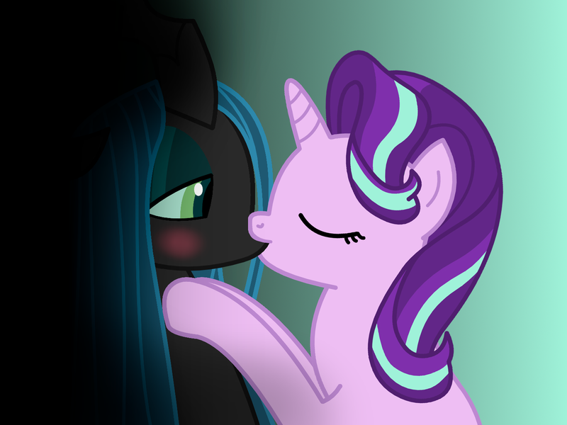 Size: 1440x1080 | Tagged: safe, artist:manerg, derpibooru import, queen chrysalis, starlight glimmer, changeling, pony, unicorn, blushing, crack shipping, derpibooru exclusive, eyes closed, female, glimmerlis, image, kissing, lesbian, mare, png, shipping, show accurate