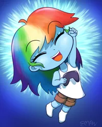 Size: 960x1200 | Tagged: safe, artist:empyu, derpibooru import, part of a set, rainbow dash, equestria girls, blue background, clothes, controller, eyes closed, female, gradient background, image, open mouth, png, shorts, simple background, socks, solo, tanktop, younger