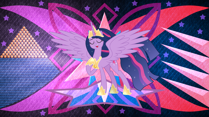 Size: 3840x2160 | Tagged: safe, artist:chrzanek97, artist:laszlvfx, artist:yanoda, derpibooru import, edit, princess twilight 2.0, twilight sparkle, twilight sparkle (alicorn), alicorn, pony, the last problem, crown, ethereal mane, ethereal tail, eyes closed, female, high res, hoof shoes, image, jewelry, mare, older, older twilight, open mouth, peytral, png, pointing at self, raised hoof, regalia, singing, starry mane, starry tail, the magic of friendship grows, wallpaper, wallpaper edit