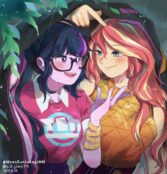 Size: 1046x1090 | Tagged: safe, artist:lzjian79, artist:moonsunisrealmm, derpibooru import, sci-twi, sunset shimmer, twilight sparkle, equestria girls, blushing, collaboration, duo, female, glasses, image, lesbian, png, rain, scitwishimmer, shipping, sunsetsparkle