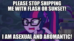 Size: 1920x1080 | Tagged: safe, derpibooru import, sci-twi, twilight sparkle, equestria girls, equestria girls series, spring breakdown, spoiler:eqg series (season 2), angry, aromantic, asexual, blatant lies, caption, image, image macro, imgflip, implied flashlight, implied lesbian, implied scitwishimmer, implied shipping, implied straight, implied sunsetsparkle, jpeg, mouthpiece, text