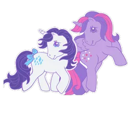 Size: 555x495 | Tagged: artist needed, safe, derpibooru import, rarity, twilight sparkle, twilight sparkle (alicorn), alicorn, pony, unicorn, bow, duo, duo female, duo focus, female, female focus, females only, g1, g4 to g1, generation leap, image, png, simple background, solo focus, spread wings, tail bow, transparent background, vector, white outline, wings