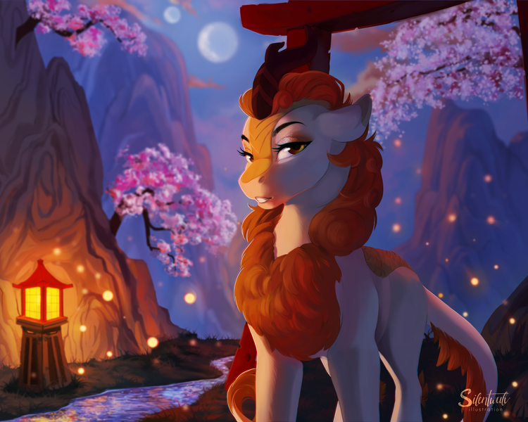 Size: 3000x2400 | Tagged: safe, artist:silentwulv, derpibooru import, autumn blaze, firefly (insect), insect, kirin, cherry blossoms, crescent moon, female, flower, flower blossom, high res, image, lantern, lidded eyes, moon, night, png, river, solo, stream, torii