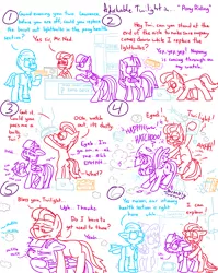 Size: 4779x6013 | Tagged: safe, artist:adorkabletwilightandfriends, derpibooru import, cloudchaser, twilight sparkle, oc, oc:lawrence, oc:ned, comic:adorkable twilight and friends, adorkable, adorkable twilight, bookhorse, bookshelf, boss, butt, comic, crash, cute, desk, destroy, dork, dust, dust cloud, embarrassed, falling, fanning, friendship, funny, hanging, hanging on, happy, humor, image, leaning, library, lidded eyes, light, lightbulb, love, mess, necktie, nostril flare, nostrils, not what it looks like, nudge, nudging, on top, plot, png, powerful, pre sneeze, pushing, riding, shocked, sneeze cloud, sneeze spray, sneezing, sniffing, sniffling, step stool, strong, surprised, work